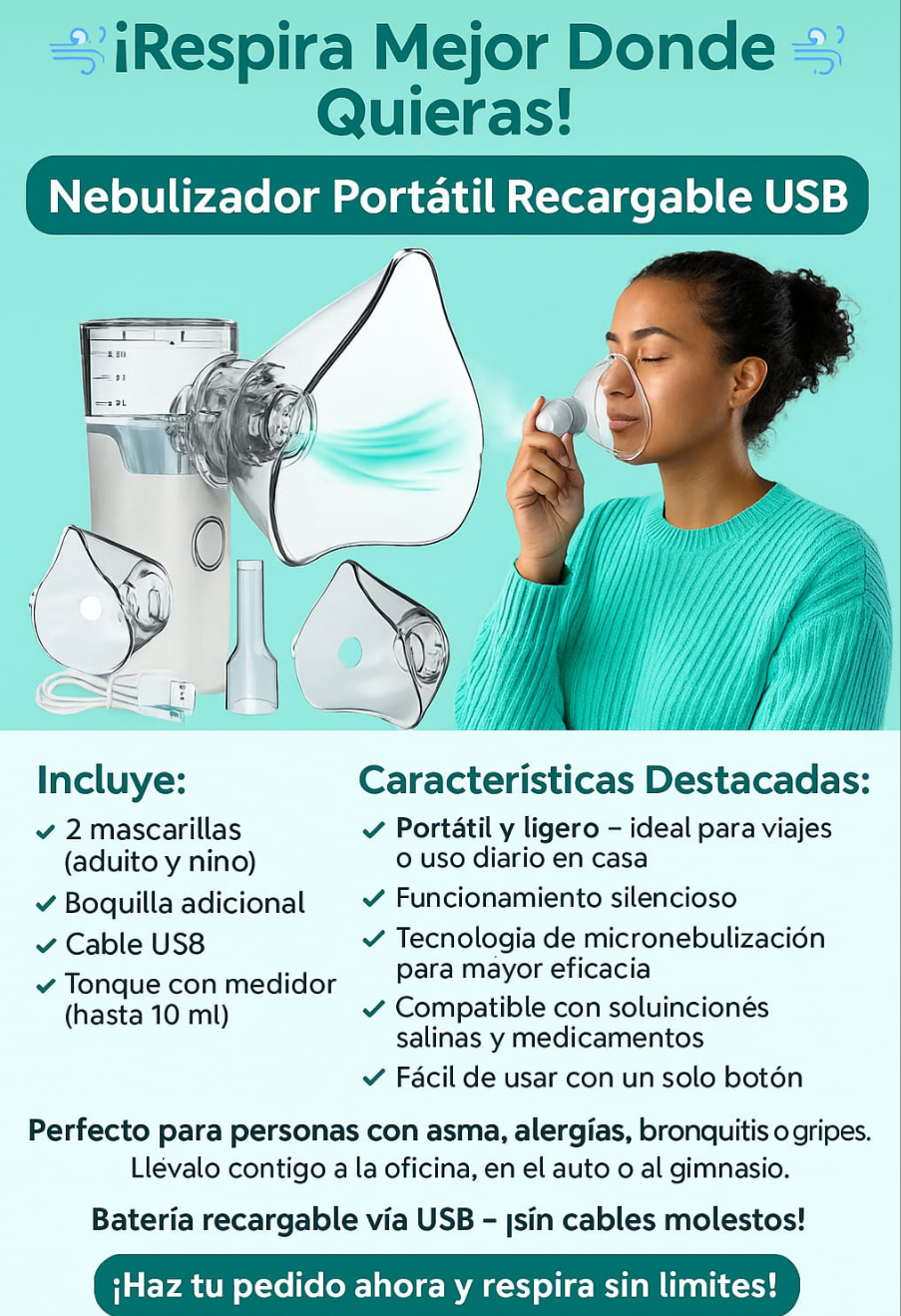 Nebulizador para Bebe Niños Adultos-Inhalador Eléctrico recargable USB-C con Diseño Portátil-Aerosol Portátil