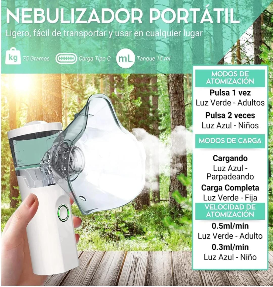 Nebulizador para Bebe Niños Adultos-Inhalador Eléctrico recargable USB-C con Diseño Portátil-Aerosol Portátil